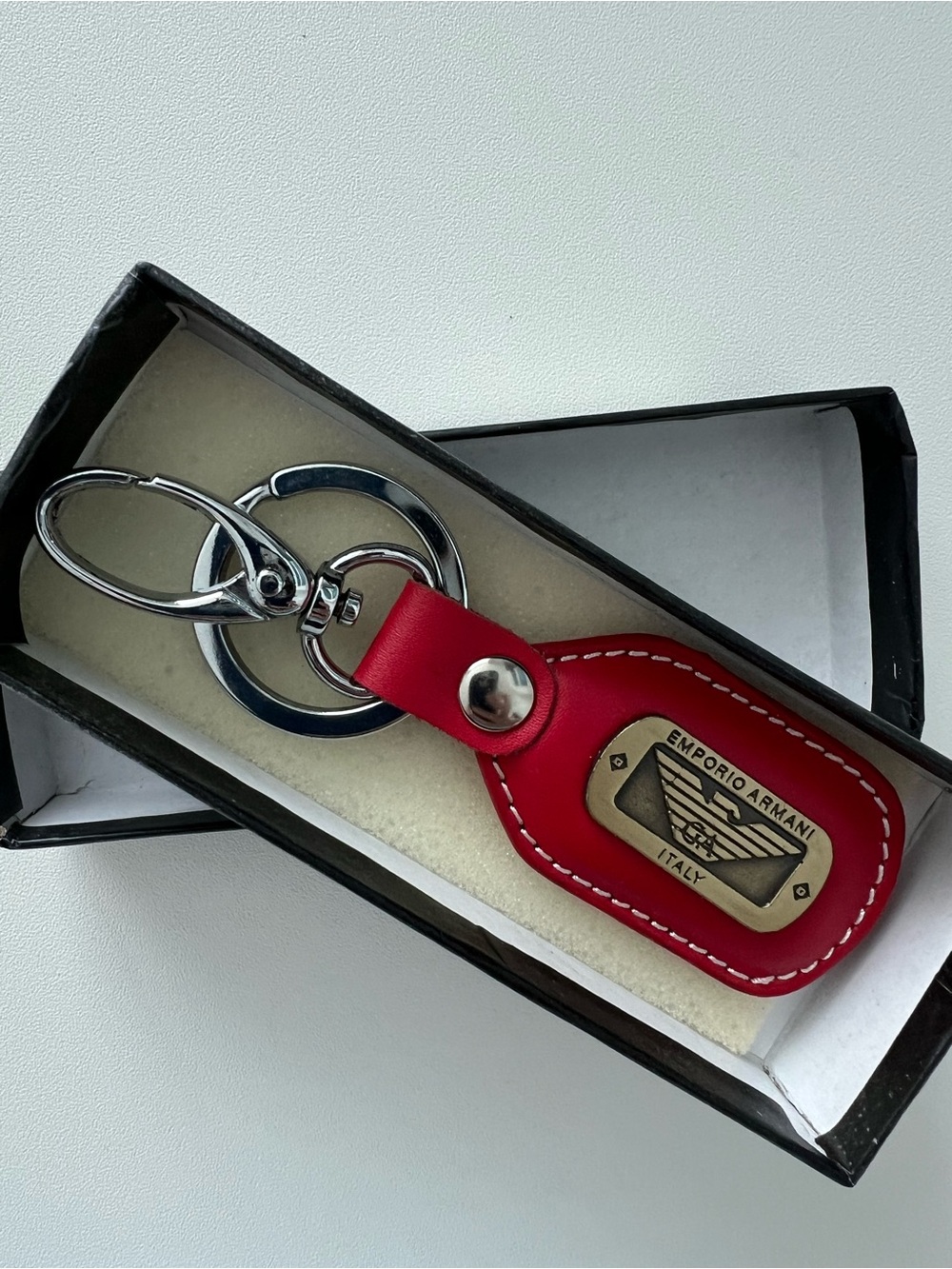 Emporio Armani Red Leather Key Chain with Metal Logo. Italian Luxury.